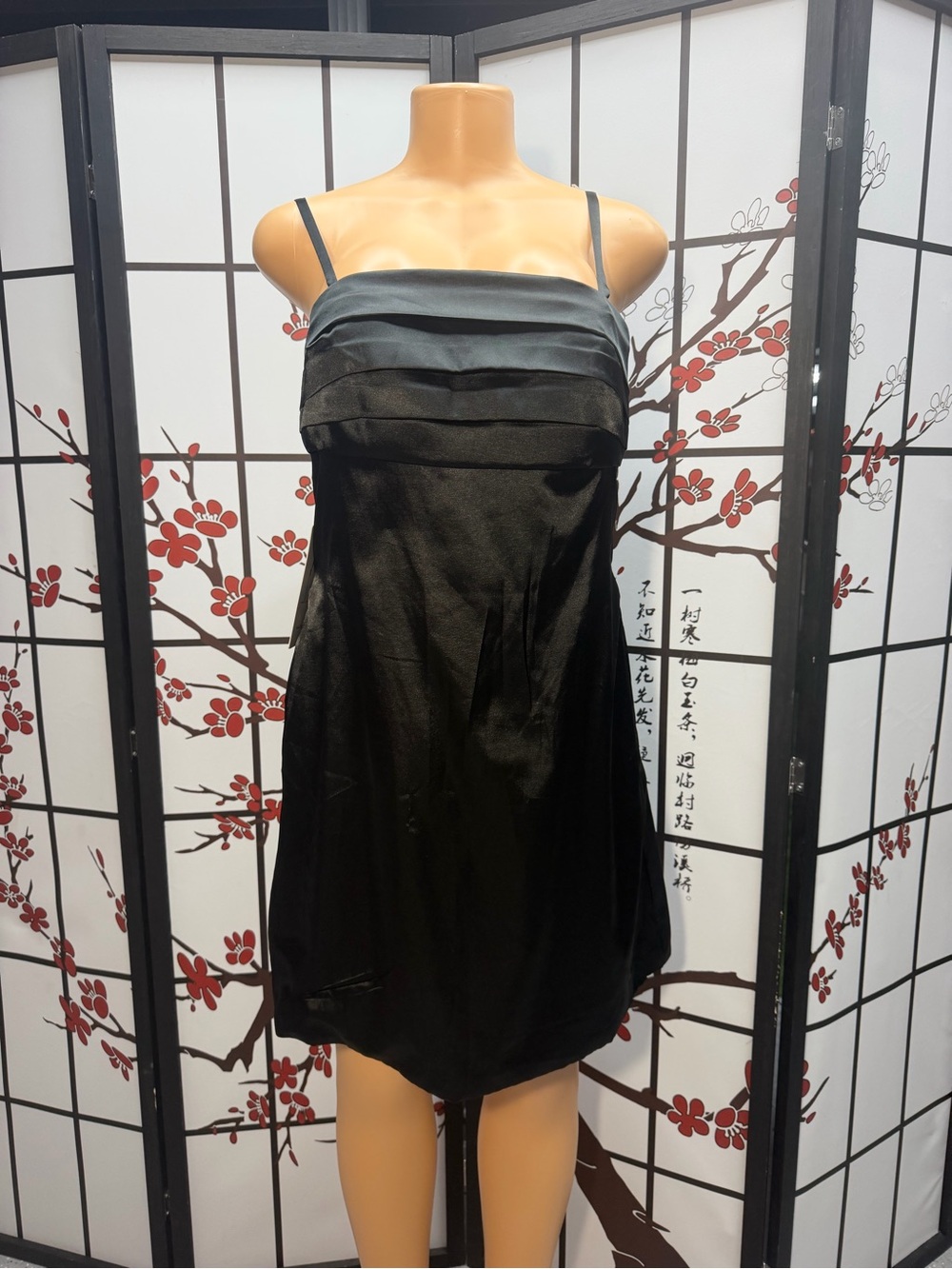 Black Strapless Pleated Mini Dress with Satin Trim